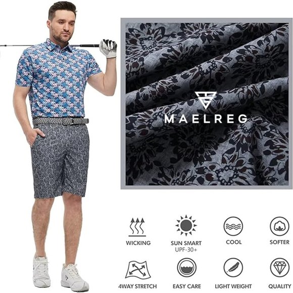MAELREG Quick Dry 10'' Inseam Stretch Waist Flat Front Front Mens Shorts ⛳NEW!